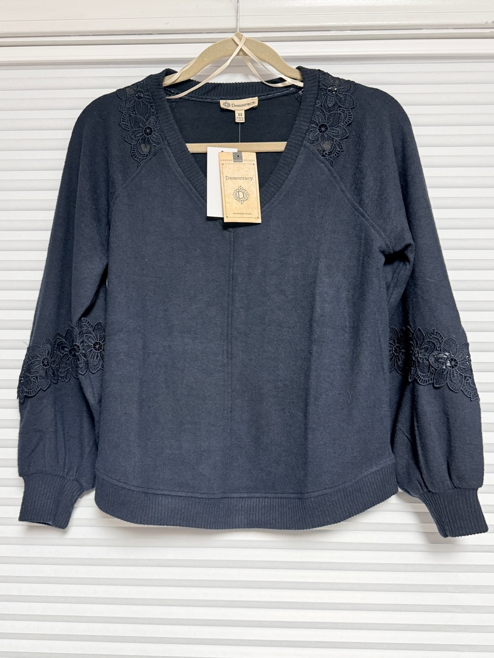 Democracy Dark Navy Lace-Trim V-Neck Pullover